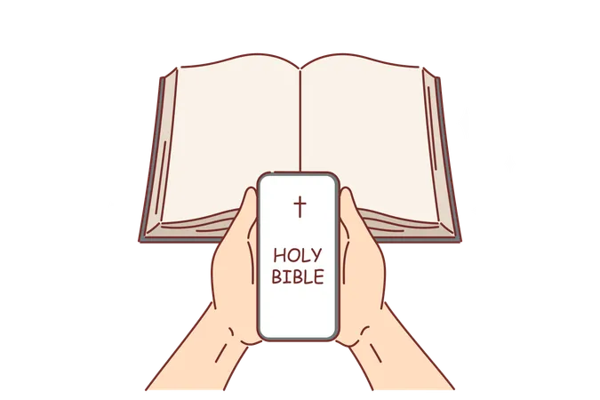 Holy Bible In Phone Of Religious Person And Near Book Symbolizing Digital Applications For Christians And Catholics Praying Hands With Holy Bible Online For Reading Prayers And Learning Commandments 일러스트레이션