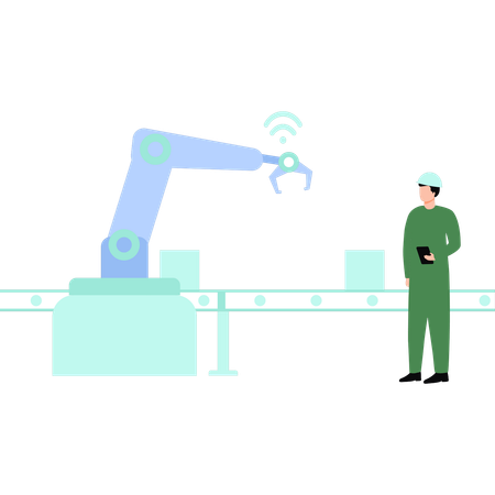Boy is looking at parcel conveyor machine  Illustration