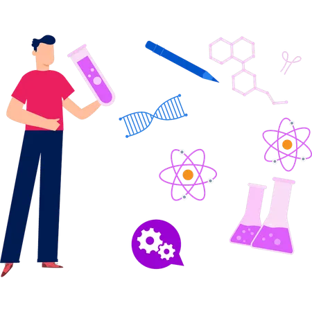 Boy is looking at the atomic molecules  イラスト