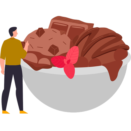 Boy is looking at the bowl of chocolate icecream  Illustration