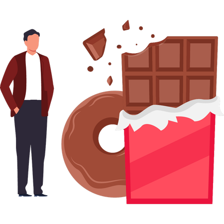 Boy is looking at the chocolate bar and donut  Illustration