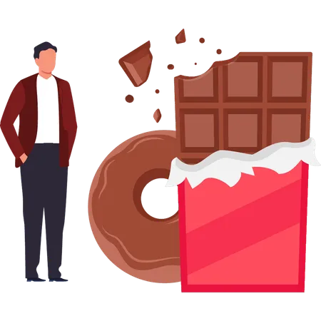 Boy Is Looking At The Chocolate Bar And Donut Illustration