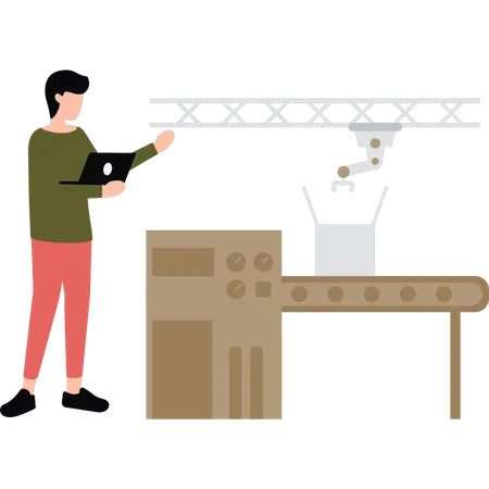 Boy is looking at the conveyor machine  Illustration