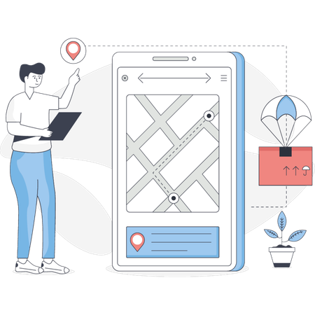Boy is looking at the delivery location on the map  Illustration