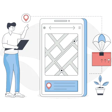 Boy is looking at the delivery location on the map  Illustration