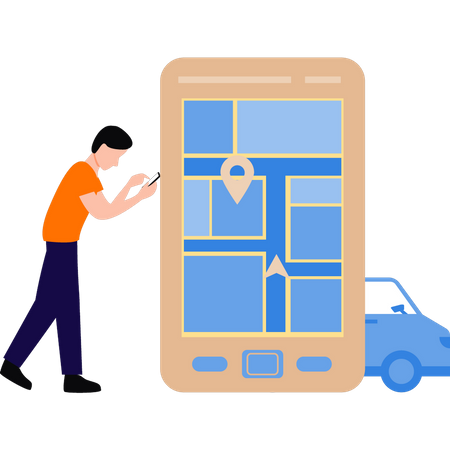 Boy is looking at the delivery location on the map  Illustration