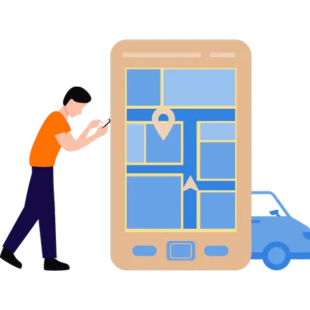 Boy is looking at the delivery location on the map  Illustration