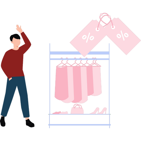 Boy is looking at the discount tags  Illustration