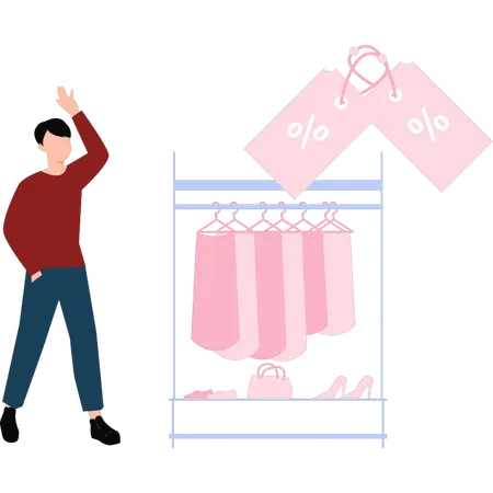 Boy is looking at the discount tags  Illustration