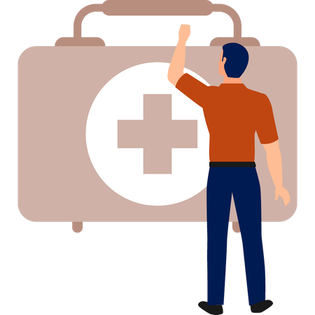 Boy is looking at the first aid box  Illustration
