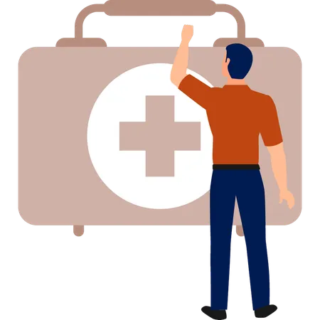 Boy is looking at the first aid box  Illustration