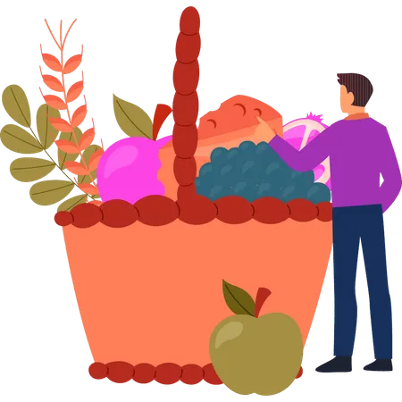 Boy is looking at the fruit basket  Illustration