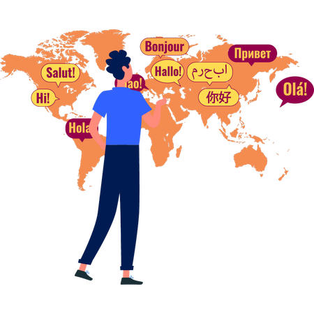 Boy is looking at the global map  イラスト