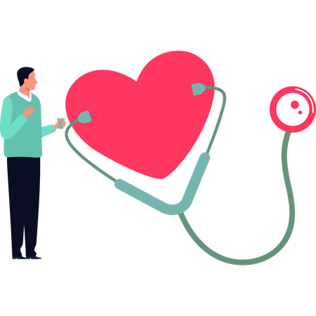 Boy is looking at the heart with stethoscope  Illustration
