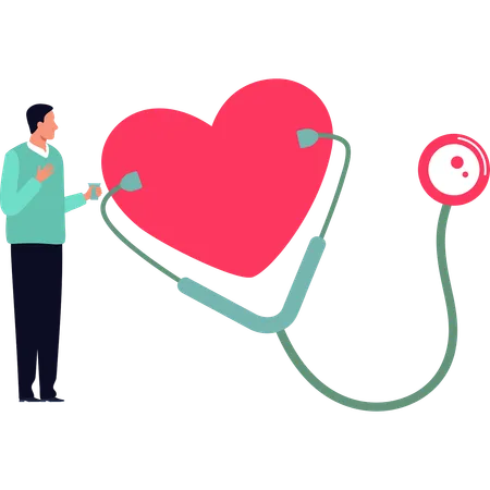 Boy is looking at the heart with stethoscope  Illustration