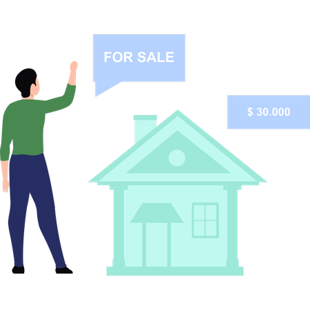 Boy is looking at the house that is for sale  Illustration