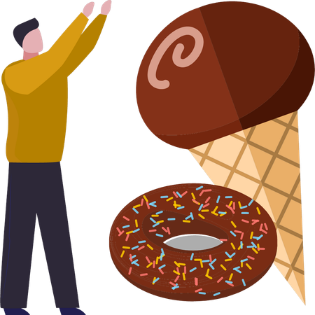 Boy is looking at the ice cream and donut  Illustration