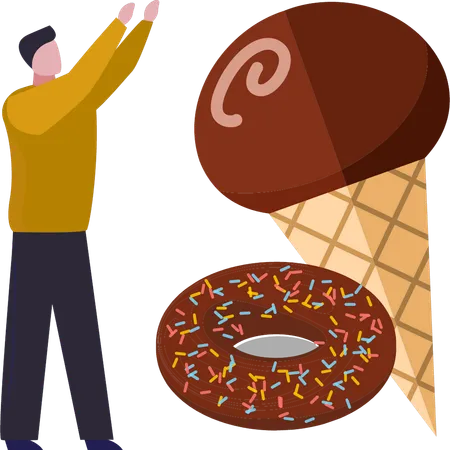 Boy is looking at the ice cream and donut  Illustration