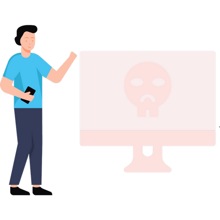 Boy is looking at the skull on the monitor Illustration