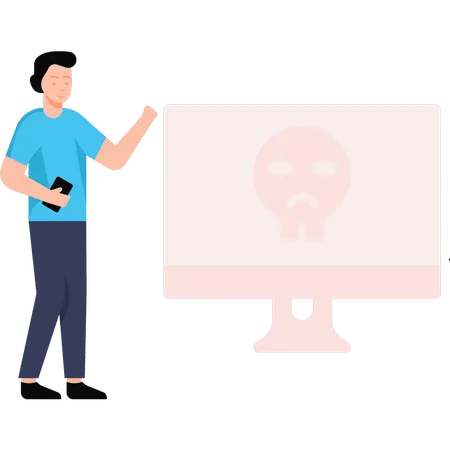 Boy is looking at the skull on the monitor Illustration