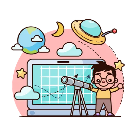 Boy is looking in space through telescope  Illustration