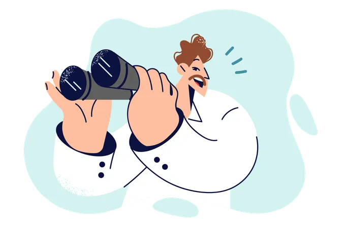 Business Man Holds Binoculars And Looks Into Distance Symbolizing Long Term Planning In Management Cheerful Businessman Using Binoculars To Keep Eye On Competitors Or Know About Industry Trends Illustration
