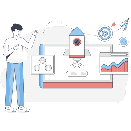 Boy is lunching new startup project  Illustration