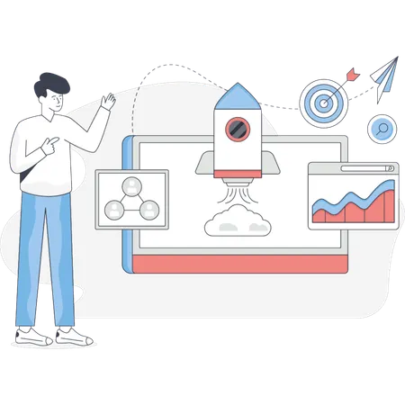 Boy is lunching new startup project  Illustration