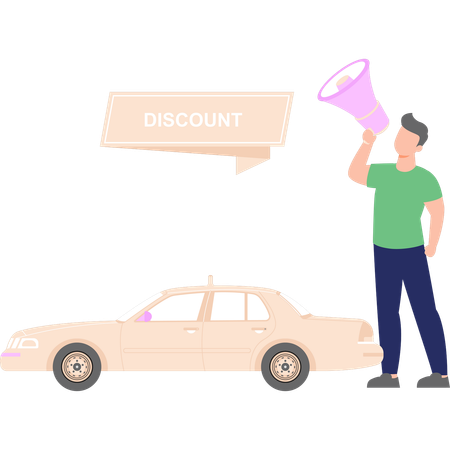 Boy is making announcement for discount on car  Illustration