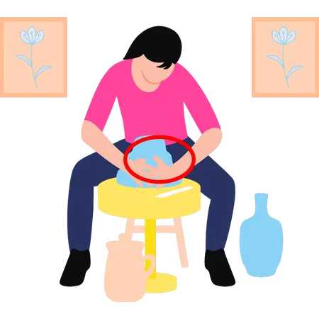 A Boy Is Making Pottery Illustration