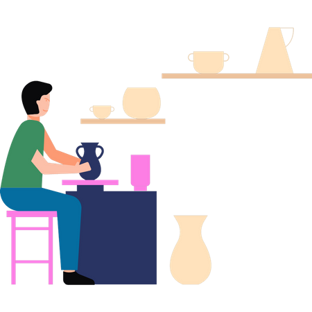Boy is making pottery  イラスト