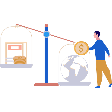 Boy is measuring business value on global scale  Illustration