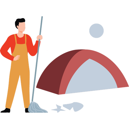 Boy is mopping the floor outside tent  Illustration