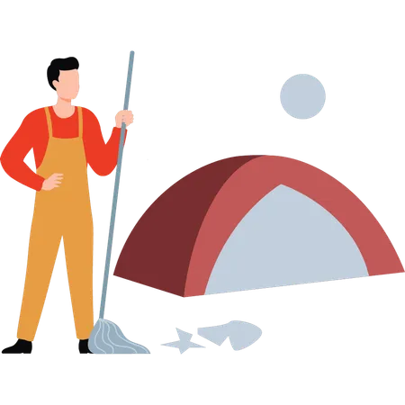 Boy is mopping the floor outside tent  Illustration