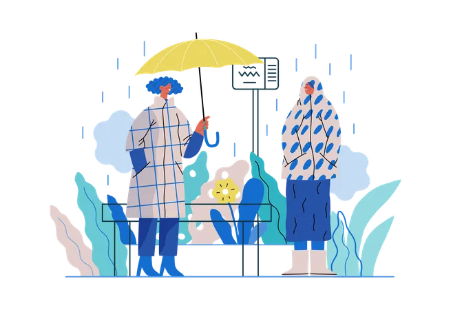 Boy is offering an umbrella to girl in heavy rain  Illustration