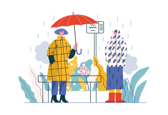 Boy is offering an umbrella to girl in heavy rain  Illustration