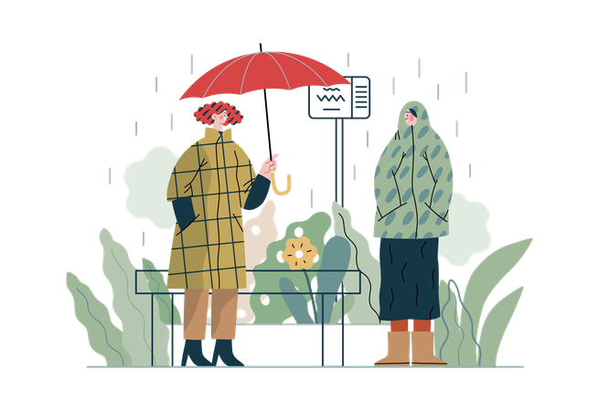 Boy is offering an umbrella to girl in heavy rain  Illustration