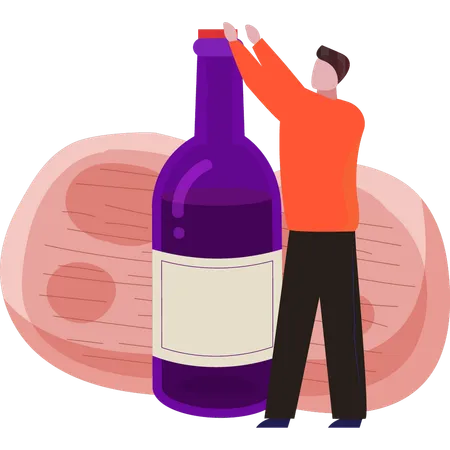 A Boy Is Going To Open A Bottle Of Wine Illustration