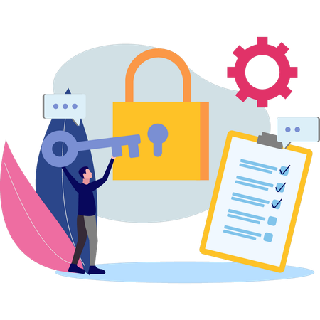 Boy is opening the lock with the key  Illustration