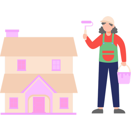 Boy is painting a house with paint roller  Illustration