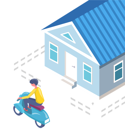 Boy is parking motorbike in front of house  Illustration