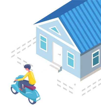 Boy is parking motorbike in front of house  Illustration