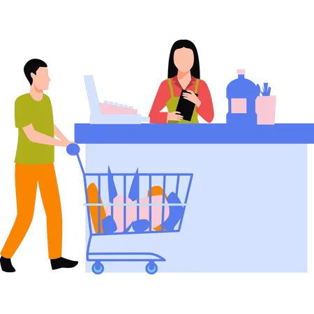 Boy is paying at shopping counter  Illustration