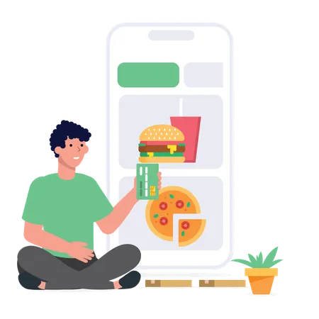 Boy is paying money after ordering online food  イラスト