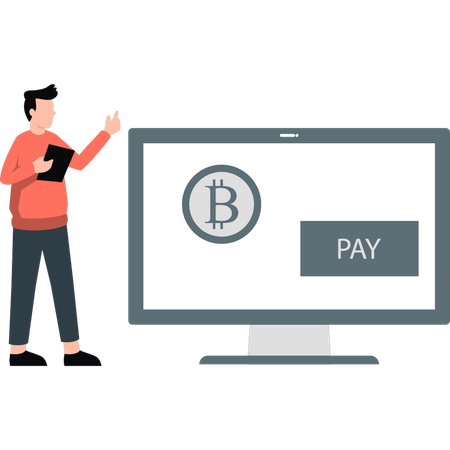 Boy is paying with bitcoins  Illustration