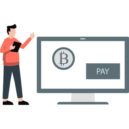 Boy is paying with bitcoins  イラスト