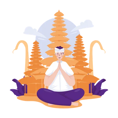 A Man Is Praying Hindu Worship Meditation Celebrate Nyepi Day Illustration Illustration