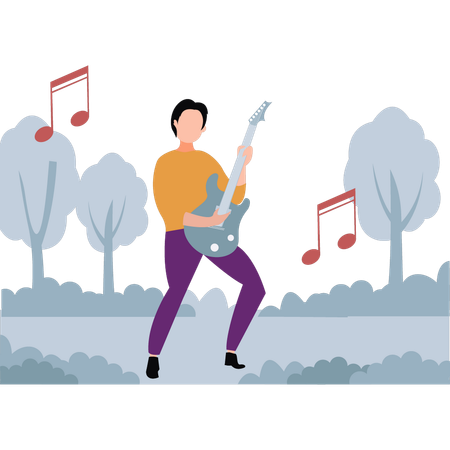 Boy is playing the guitar in the forest  Illustration