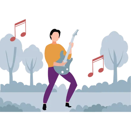 Boy is playing the guitar in the forest  Illustration