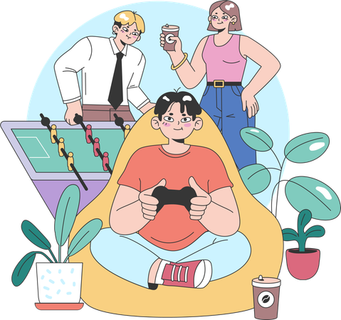 Boy is playing video game while parents are playing indoor games  イラスト